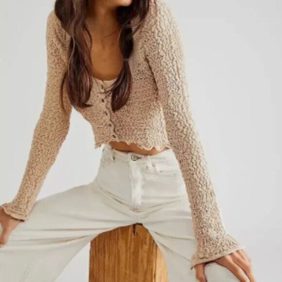Free People Rosehip Cardi Long Sleeve Crop Top, Sz Small, Neutral Beige Lover - Picture 3 of 12